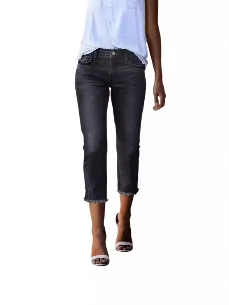 2025 سليم صالح لون نقي زر السراويل الطويلة الشارع جينز نسائي غير رسمي منتصف تمتد مرونة الخصر موسم الصيف