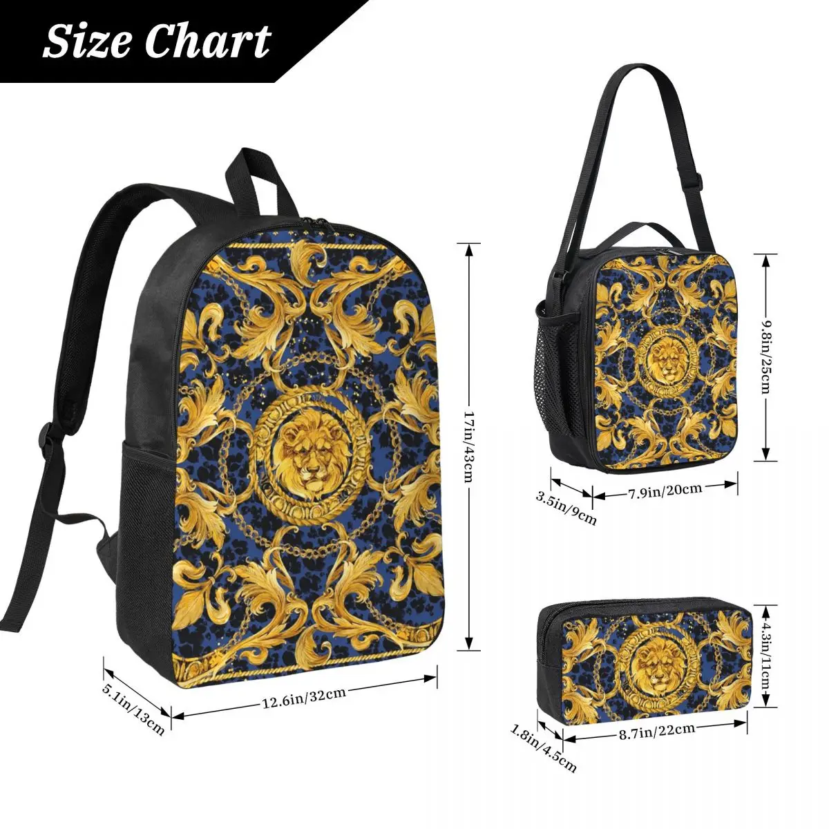 Zaino con ornamento barocco e damascato leone dorato Studente Ragazzi Ragazze BookBag Borsa da scuola Borsa da pranzo isolata 3ps Astuccio