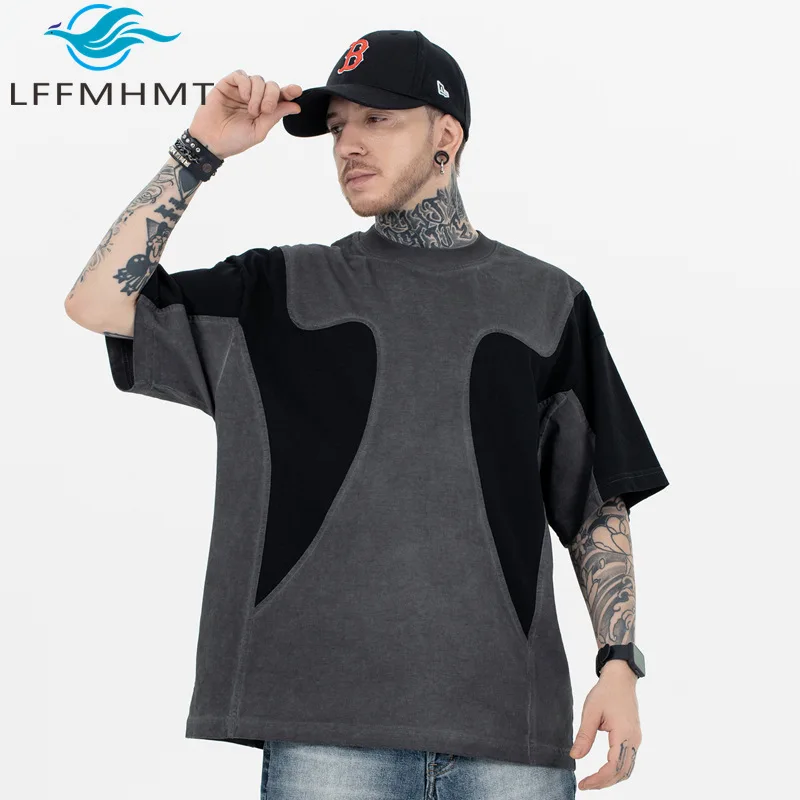 Vintage Patchwork Black Grey Short Sleeve T-Shirt For Men Summer Fashion Heavyweight 100% Organic Cotton Teens Premium Tees Tops