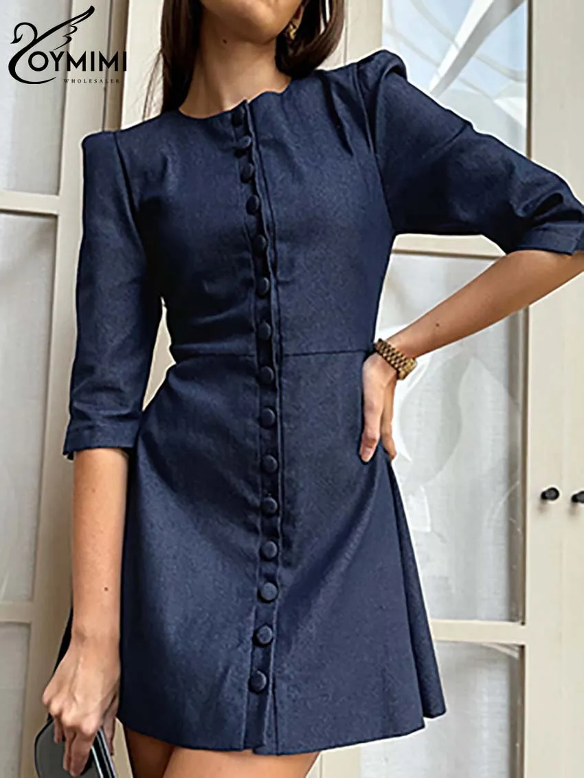 

Oymimi Fashion Blue Cotton Women's Dress Elegant O-Neck Half Sleeve Single Breasted Dresses Casual Solid Mini Dresses Streetwear