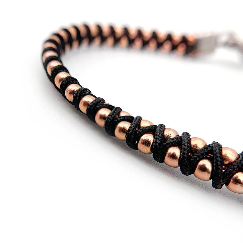 Runda-pulsera trenzada para hombre y mujer, brazalete con cuentas de acero inoxidable, cuerda negra, tamaño ajustable, 22cm, hecho a mano