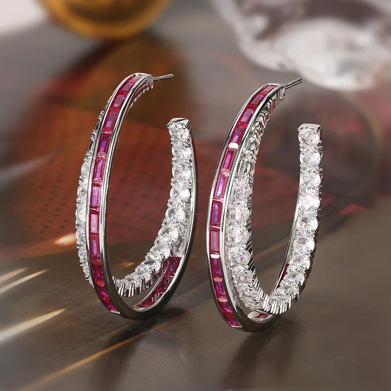 

2025New Luxury Red,Blue Zircon Circle Big Hoops High Quality Women Silver Plated Jewelry Wedding Bride Round Earrings