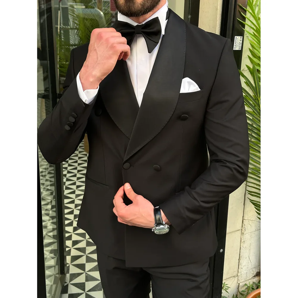 Elegant Solid Men Suits Black Two Piece Fashion Shawl Lapel Double Breasted Groom Wedding Tuxedo Prom Party Male Suit Slim