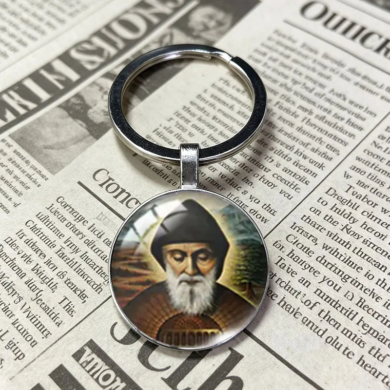 Breloques en verre Saint Charbel au design nostalgique, style religieux, pendentifs porte-clés DIY, cadeau dévotionnel pour les croyants