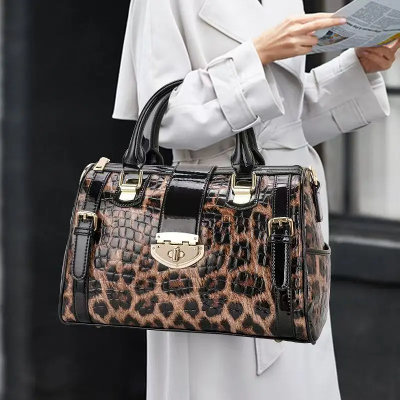 New Fashion Leopard Women Handbags European Designer Cow Genuine Leather Shoulder Bags Female Brand Luxury Crossbody Boston Bag