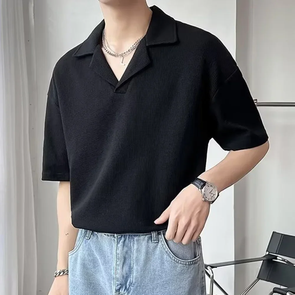 Tees Shirt Business Collar Comfortable Half Sleeve Korean Lapel Mens Polyester Regular Holiday Durable Universal