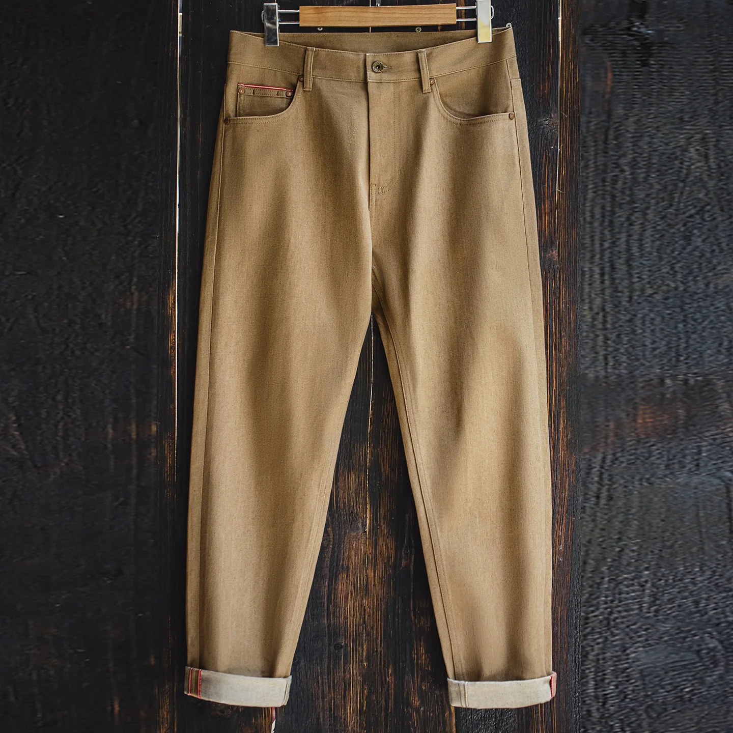 Maden Men’s Vintage 11.7oz Selvedge Raw Jeans Khaki Straight-Leg Cotton Cowboy Pants Casual Zip Fly Trousers for Spring Autumn