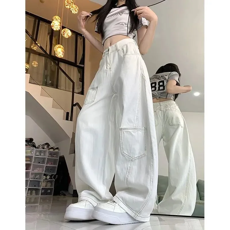 2026 New Women's White Curved Jeans Stitched Deconstructed Pockets Draped High Waist Slim Loose Wide Leg Long Pants