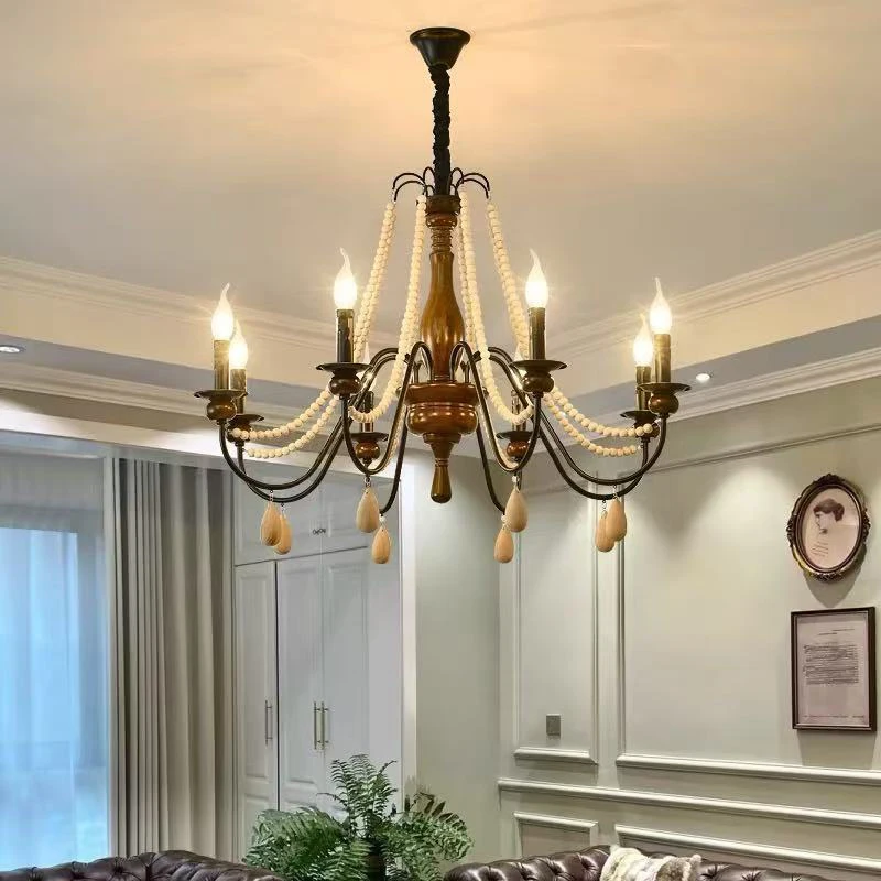 American Retro Wood Candle E27 Chandelier French Luxury Restaurant Pendant Light Foyer Iron Hanging Lamp Led Lamparas Luminarias