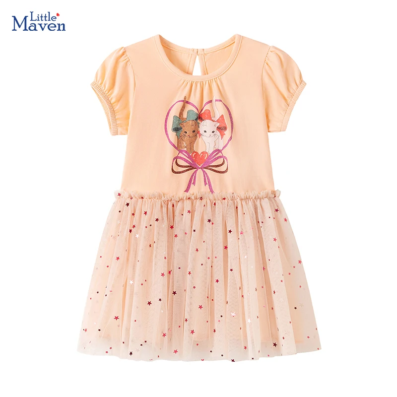 Little Maven Mädchenkleidung Kinder Baby 2026 Neue Cartoon-Katzen Prinzessin Kinderkleidung Sommer Geburtstag Mesh-Kleider 2-7 Jahre