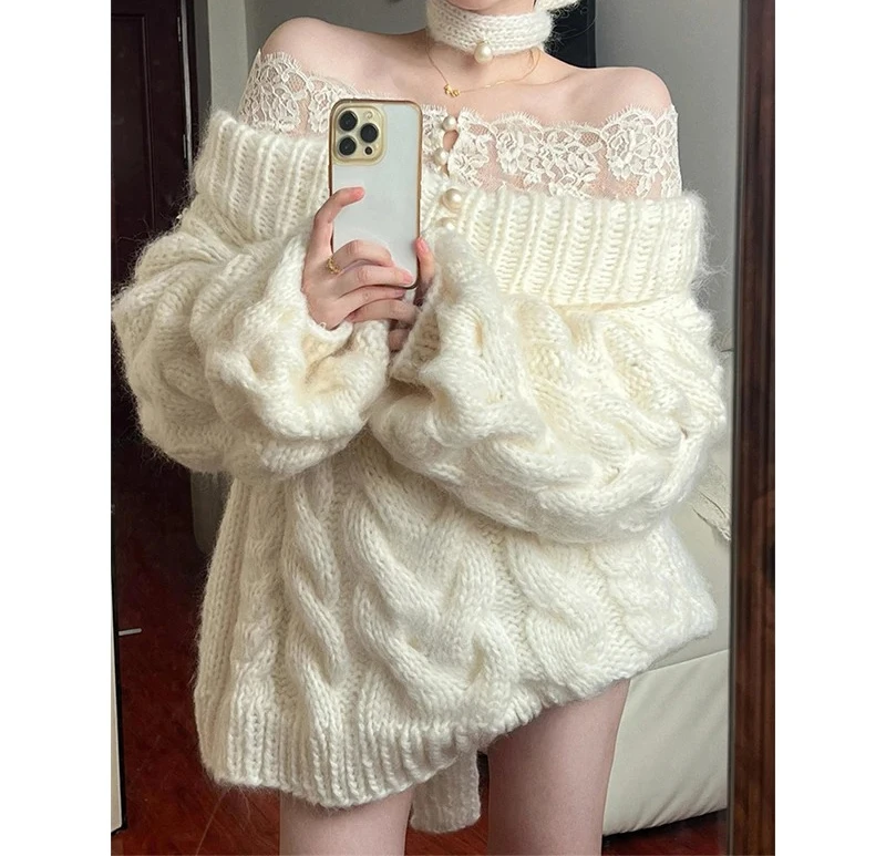 

Elegant Slash Neck Sweater Women Fashion Lace Patchwork Knitted Pullovers Korean Knitwears Winter Long Sleeve