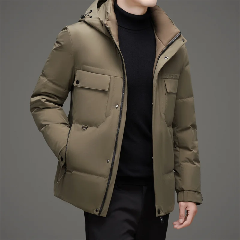 Winter Men Hooded Puffer Parkas Black Beige Khaki White Duck Down Basic Coat Hood Detachable Design Outerwear Thermal Jackets