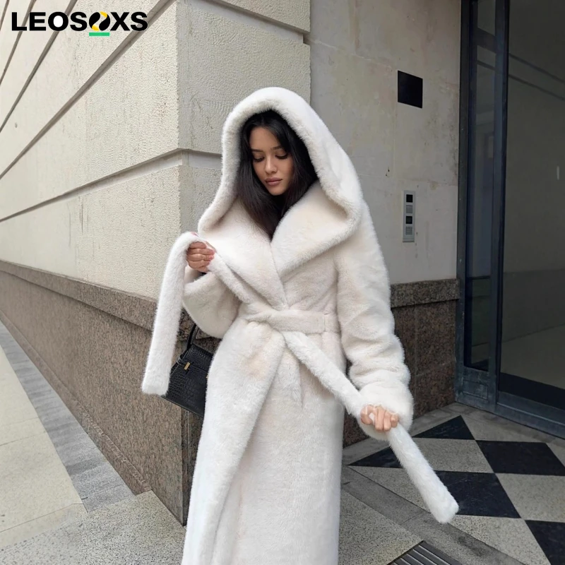 

Women Faux Fur Long Coats Hooded Overcoats Lace Up Full Sleeves Open Stitch Thick Loose Jackets Y2K Elegant 2025 Autumn Winter