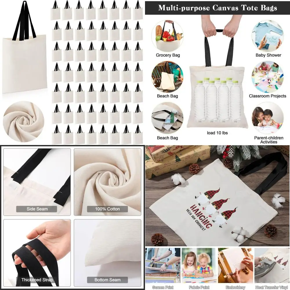 

60 Pack Canvas Tote Bags, 16 x 15, Lightweight Reusable Grocery Shopping Bags, Natural & Black