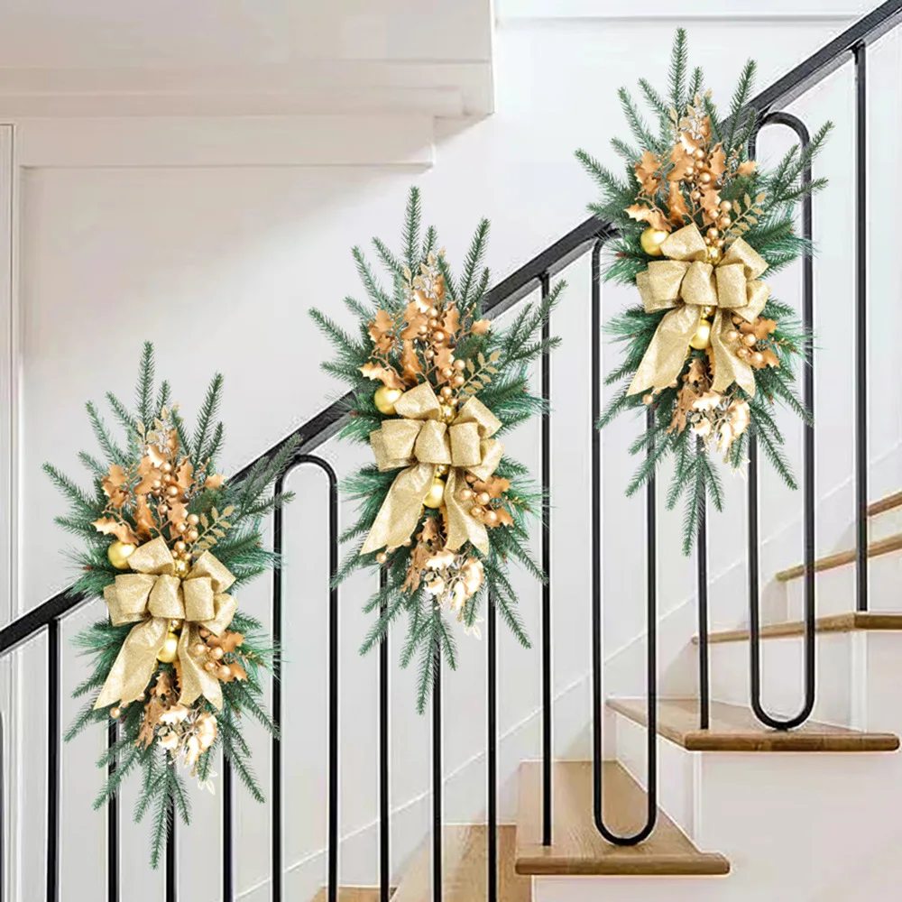 Christmas Decoration Wreath Stair Handrail Hanging Decoration Holiday Home Front Door Hanging Decor Artificial Plant Wreath