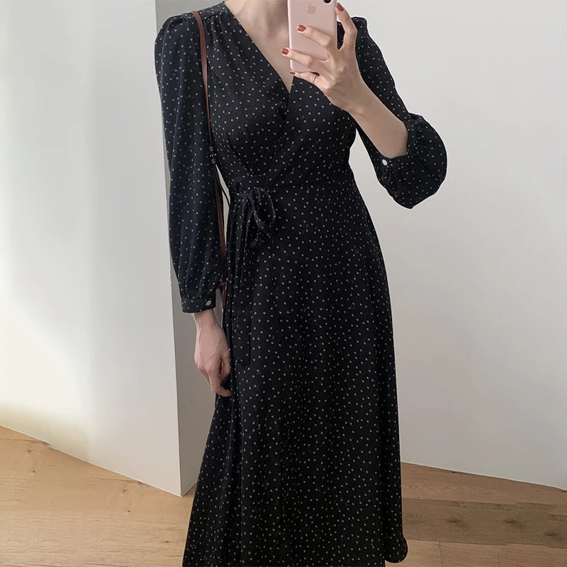 فستان أنيق عتيق للتخسيس على شكل حرف v وربطة عنق جانبية وخصر من قطعة واحدة مطبوع عليه زهور فستان نسائي على الطراز الكوري بأكما...