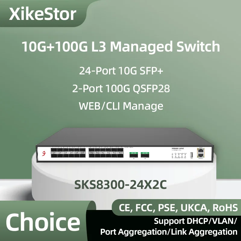 XikeStor 10G/100G All SFP+ L3 Managed Switch 24-Port 10G SFP+ 2-Port 100G QSFP28 Ethernet Switch VLAN Port Aggregation WEB/CLI