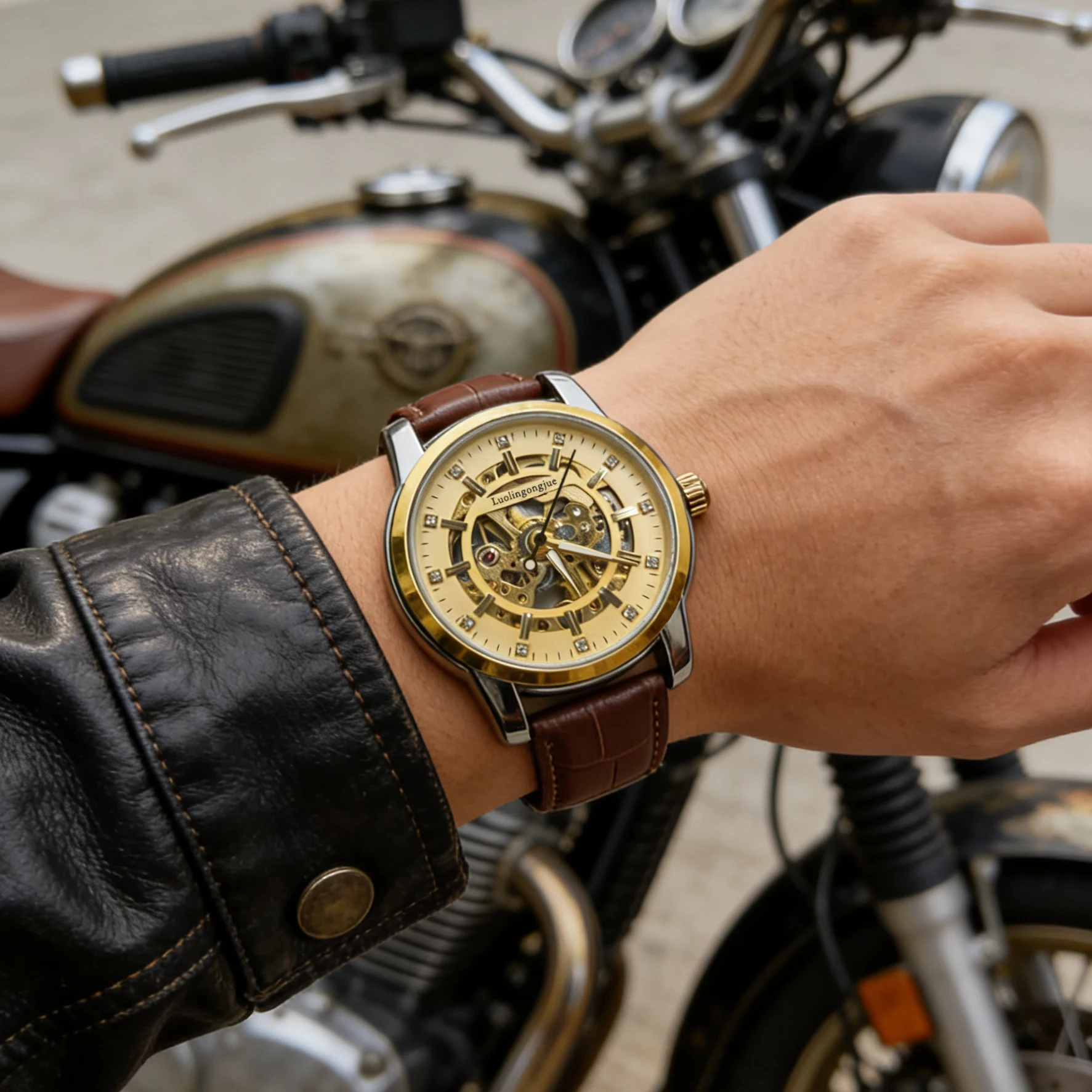 

Luxury Men's Skeleton Automatic Mechanical Wristwatch, Hollow Dial with Diamond Markers, Leather Strap, Skeleton Waterproof Business Dress Watch, Stylish Casual Self-Winding Watch, Suitable for Gentlemen, Ideal Gift for Husband, Boyfriend, Father, Fashion