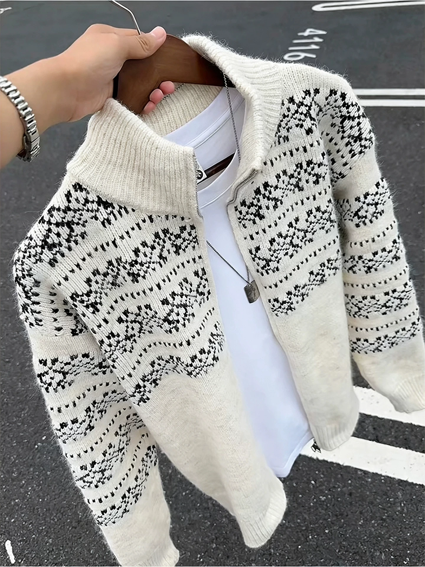American Retro Fair Isle Knitted High Collar Sweater Men's Loose Lazy Style Double Zipper Sweater Coat Winter Warm Geometric ...