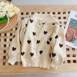 2024 Autumn Winter 1-7 Years Girls Cute Heart Print Fleece Cardigan Kids Warm Shirt