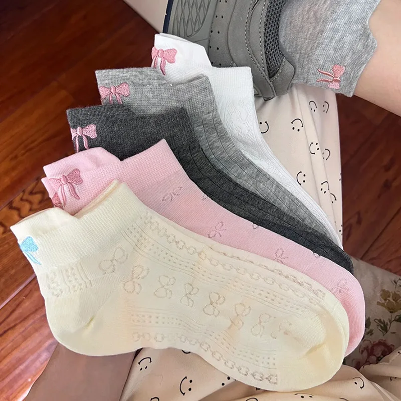 Summer Embroidery Bow Knot Short Socks Harajuku Cute Lolita Casual Funny Ankle Socks Spring Summer Breathable Female Tube Sock