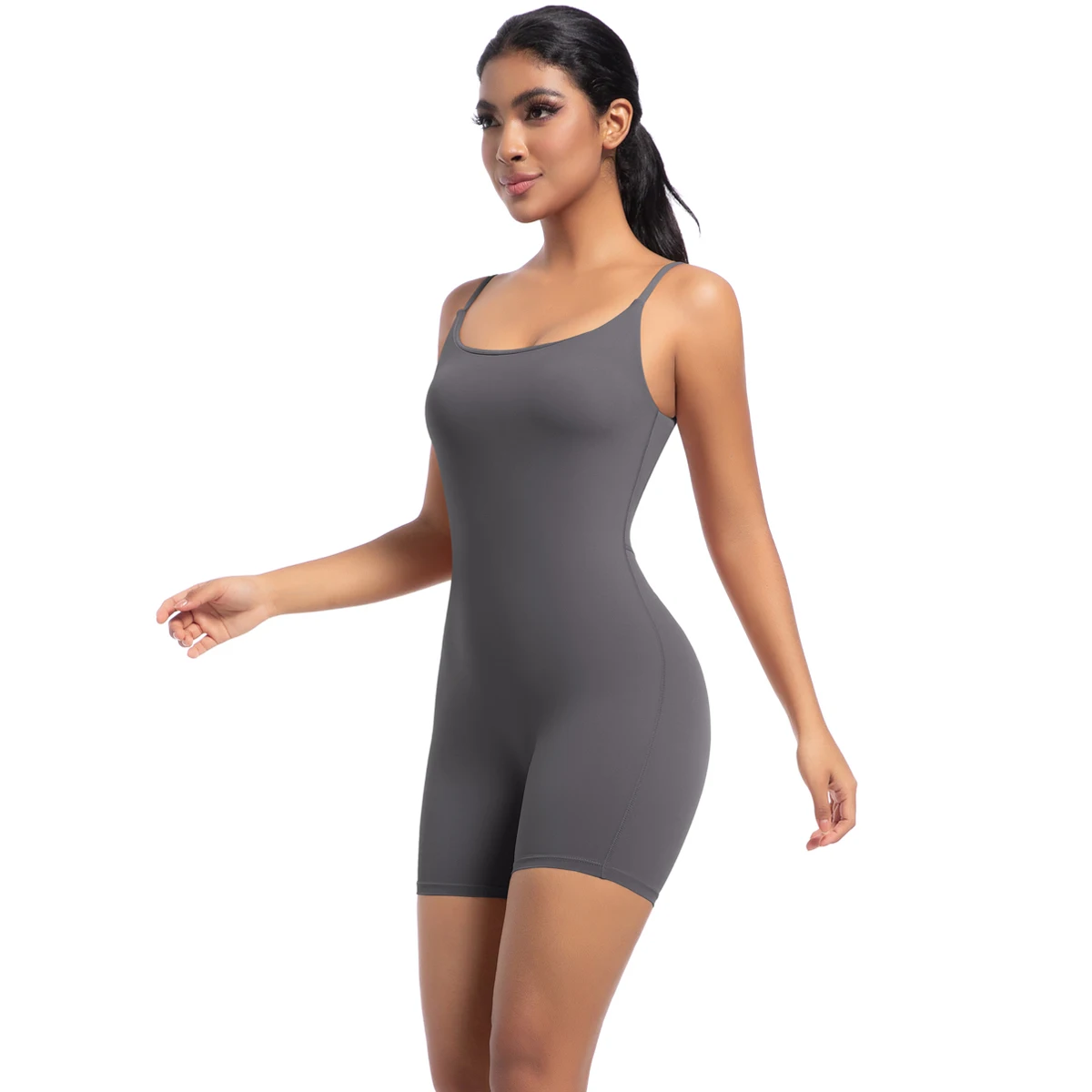 Hochfester Trainings-Stretch-Bodysuit für Frauen, Einteiler, schnelltrocknend, Hüft-Push-Up, Fitness-Shorts, Träger-Jumpsuit – Detail 7