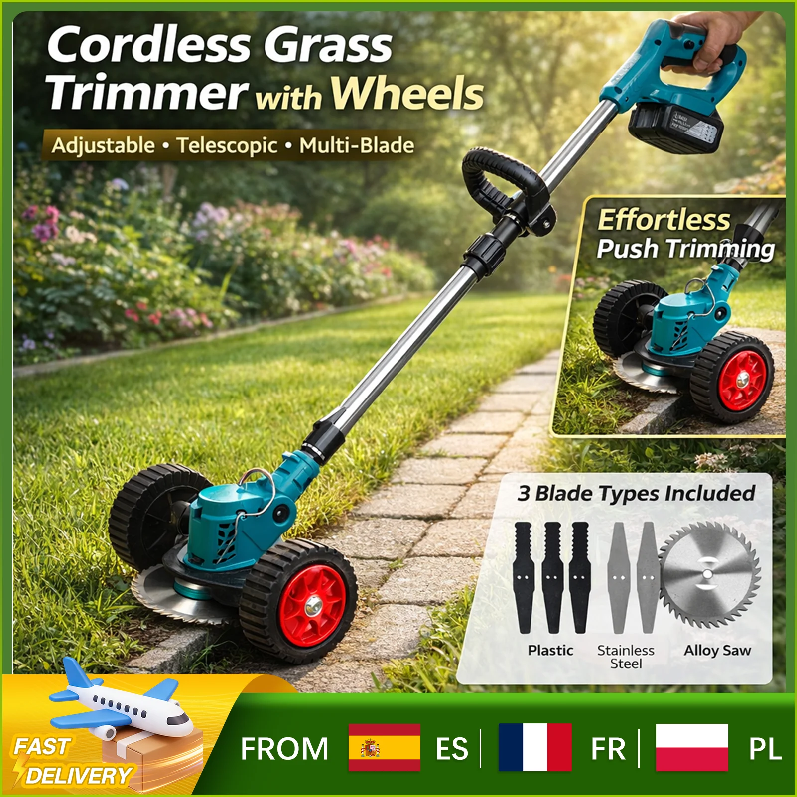 Débroussailleuse sans fil 1500W 21V 12000RPM, coupe-herbe électrique 6 pouces, tondeuse télescopique 100-135cm, 1/2 batteries, 3 lames