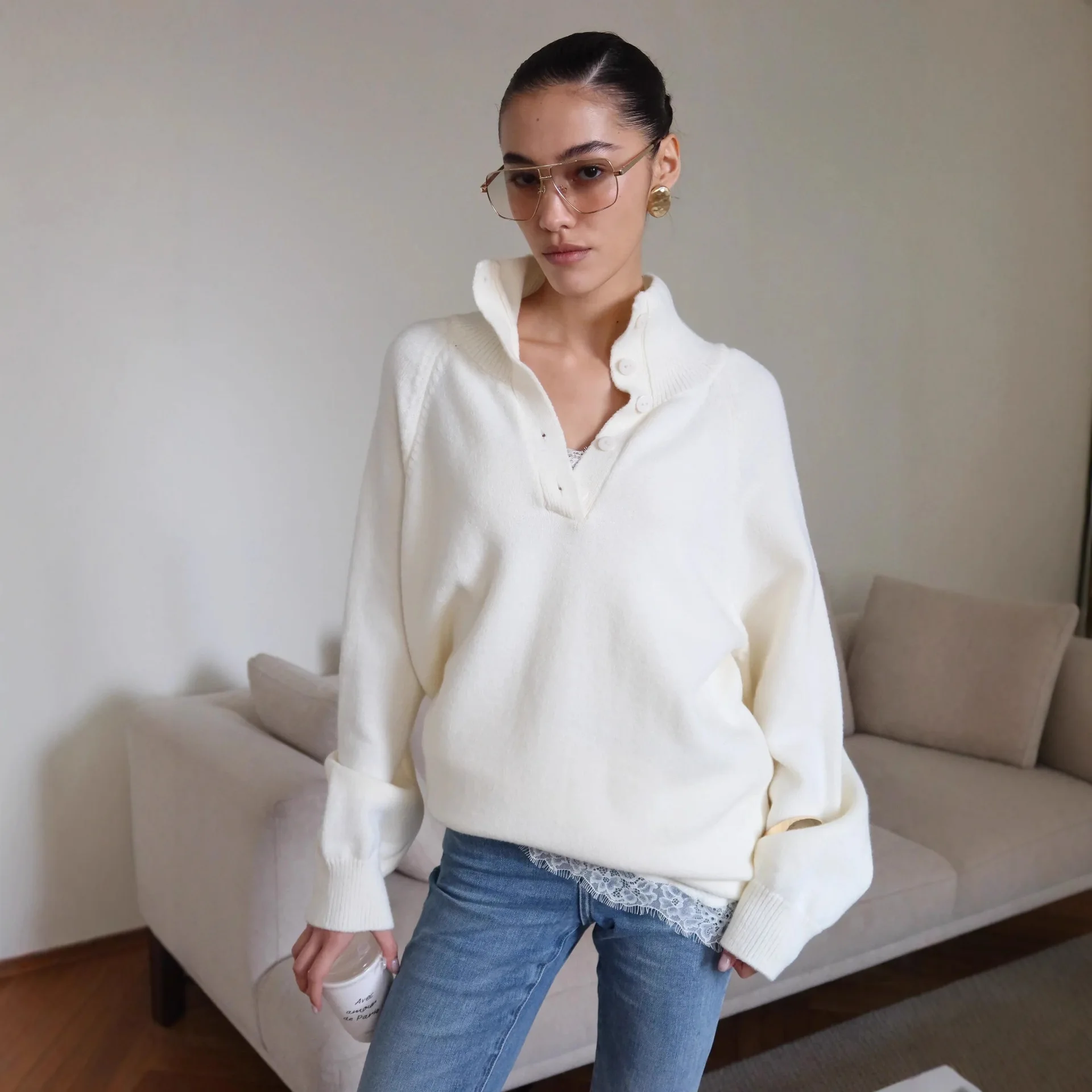 

Button Stand Collar Women's Sweater Thick Loose Casual Outerwear Knitted Top 2025 Autumn Winter Knitted Sweater
