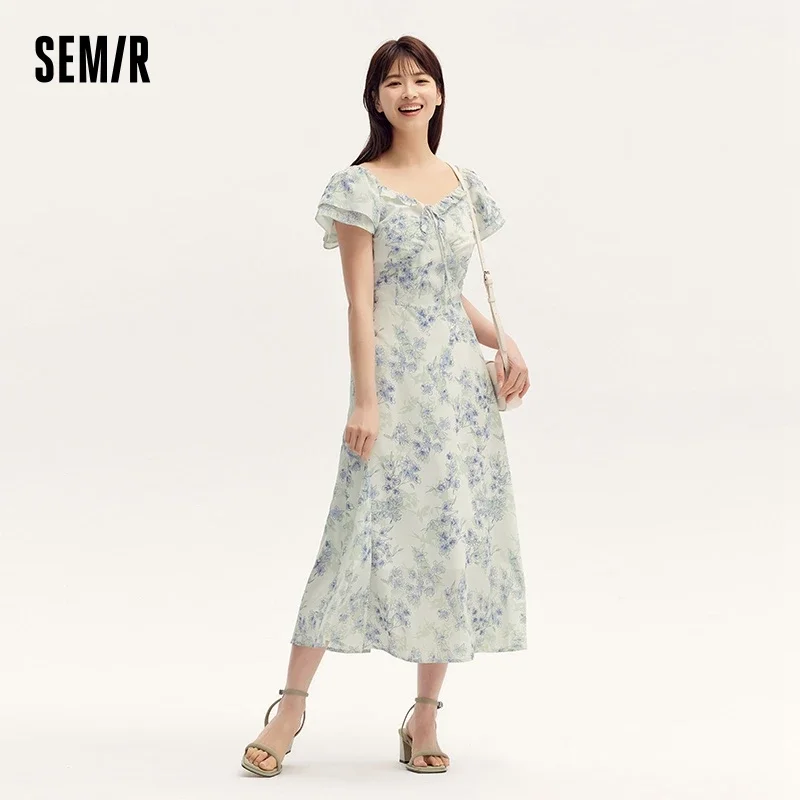 

Semir Dress Women Square Neckline Ruffled Trim And Short Flutter Sleeve 2024 Summer New Fresh And Delicate Chiffon Floral Dress