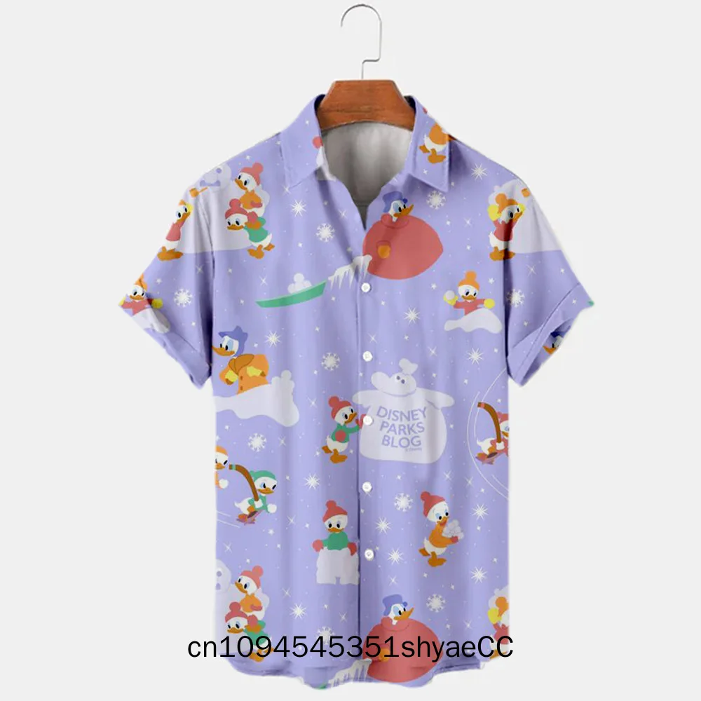 New Christmas Donald Duck Stitch and Mickey Cartoon 3D Printed Men's Lapel Short Sleeve Shirt 2024 Harajuku Style Slim Fit Top