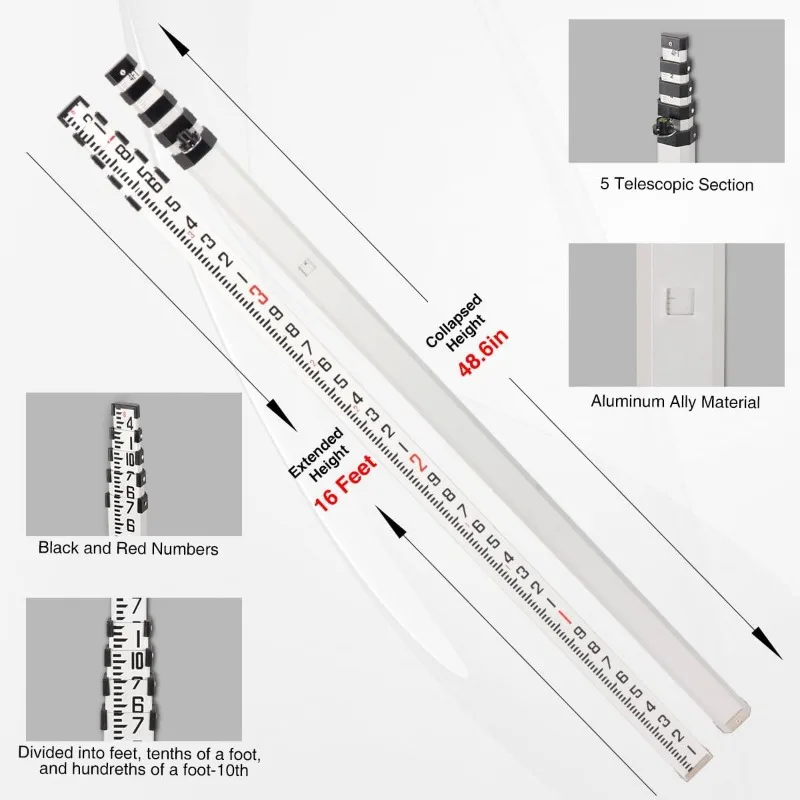 16-Foot Aluminum Grade Rod,Grade Rod 10ths, 5 Sections Telescopic Leveling Rod Bubble Level