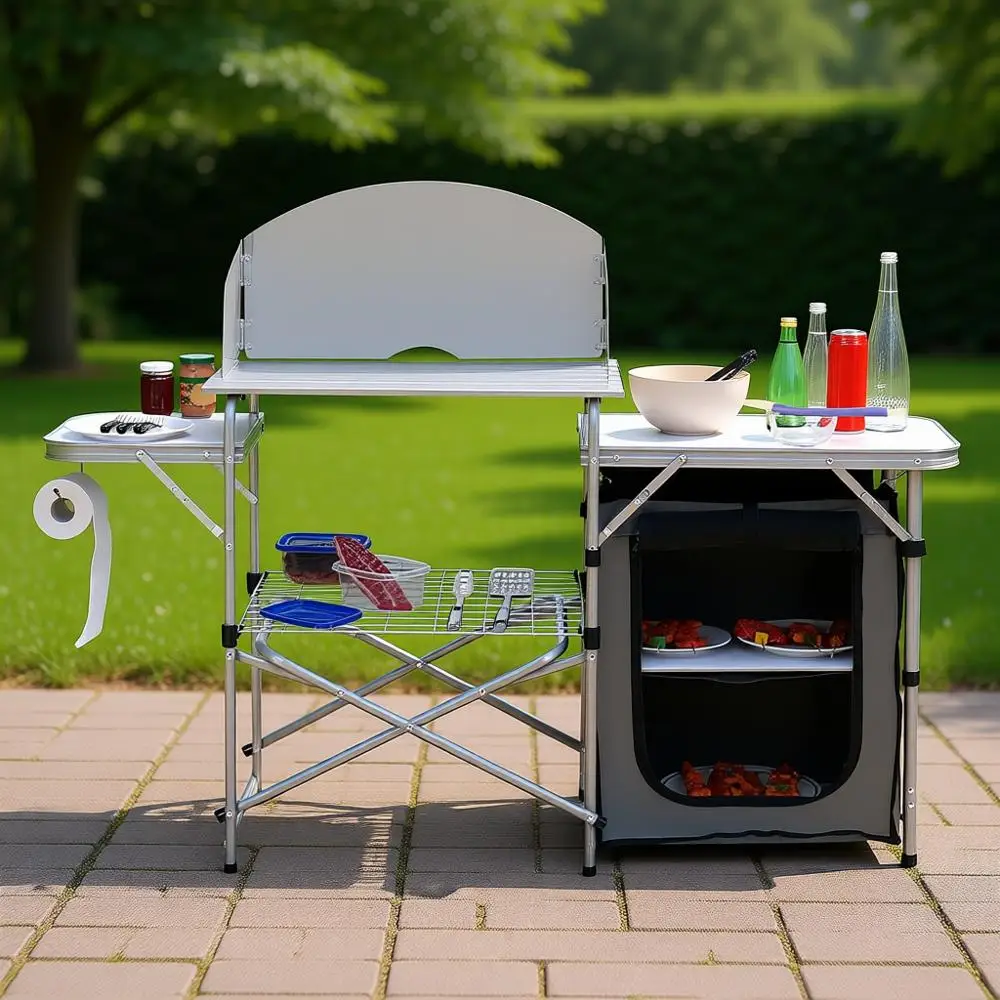 

Portable Outdoor Kitchen Table with Storage, 26 Foldable, Ideal for Camping, Grilling, and Picnics