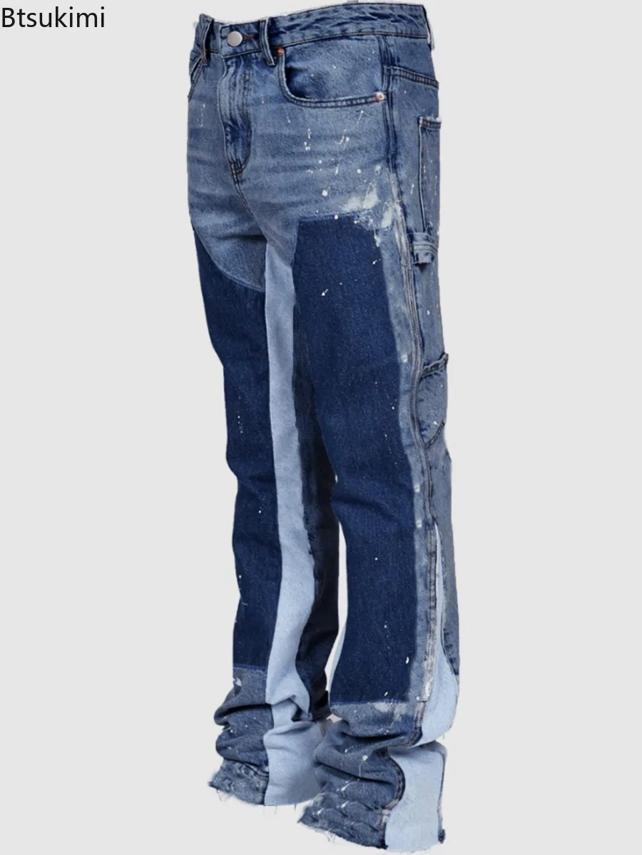 

2025 Men's Fashion Jeans Patchwork Loose Casual Trousers Men Vintage Cargo Pants Workwear Elastic Denim Layered Flare Pants Male
