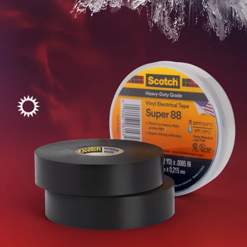 3M Super 88 Electrical Tape Professional-Grade PVC Electrical Insulation Tape High Temp Flame-Retardant UV-Resistant