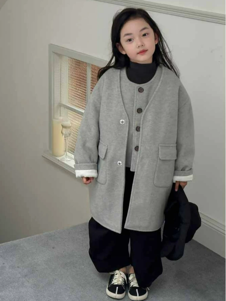 Girls' New Autumn and Winter Coat Korean Japanese Stylish Woolen Coat+vest 2-piece Set Trendy Children Jacket