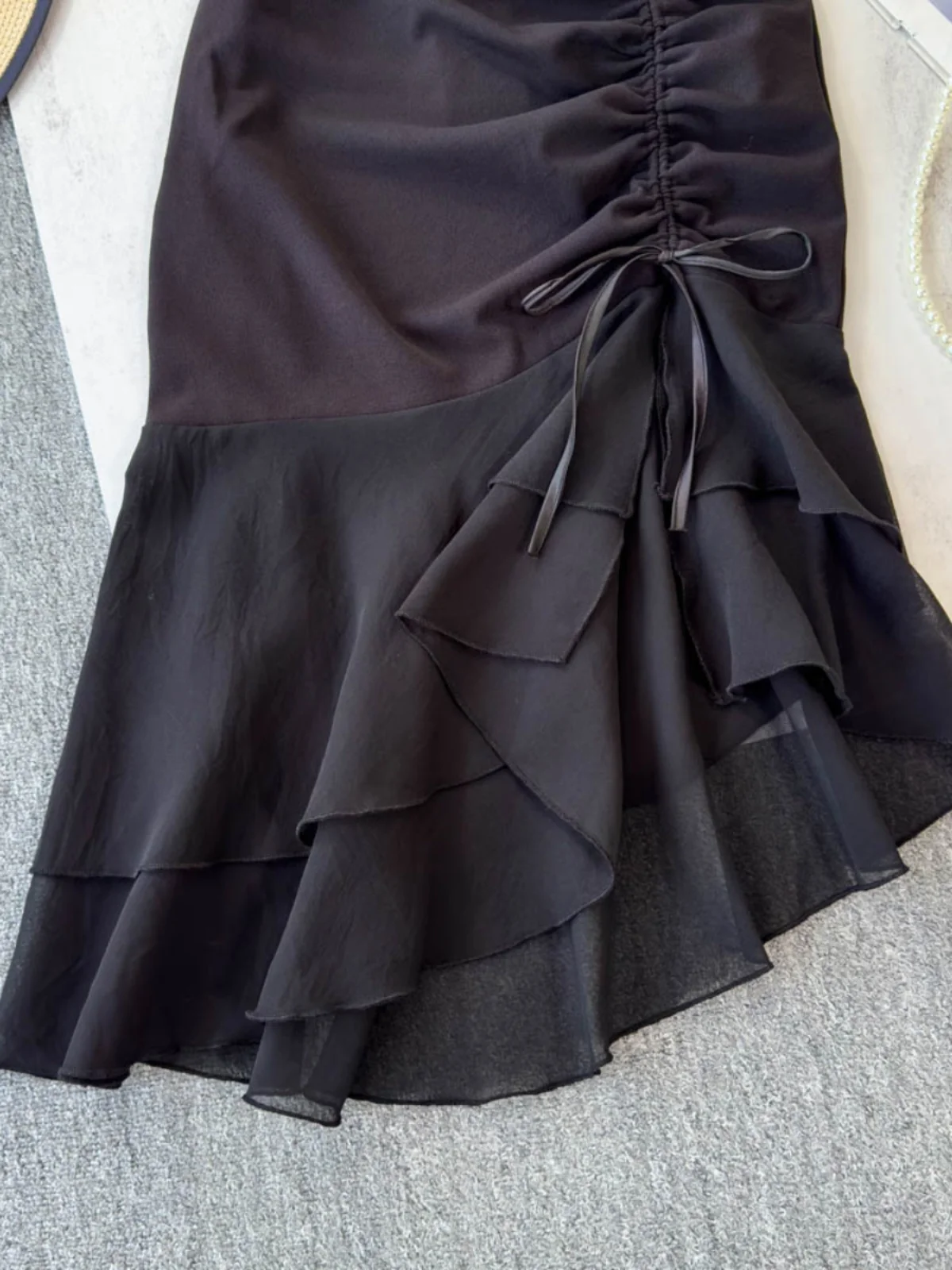 

High Waist Midi Skirt Women's Summer Design Sense Dstring Slimming Skirt with Pleated Hemline Bodycon Skirt Korean Sle