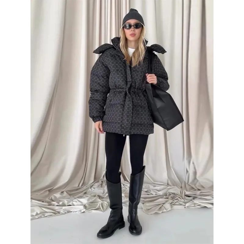 

Women's winter thickened printed hooded zipper long sleeves warm fleece jacket