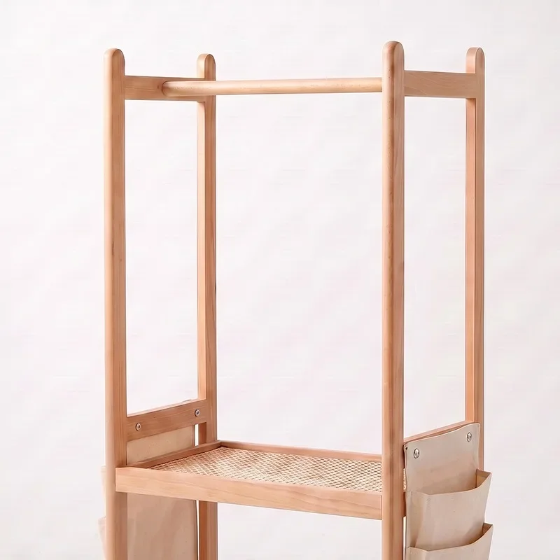 Removable hanger with storage bag Children's floor hanger Baby bedroom storage Beech multi-functional coat rack