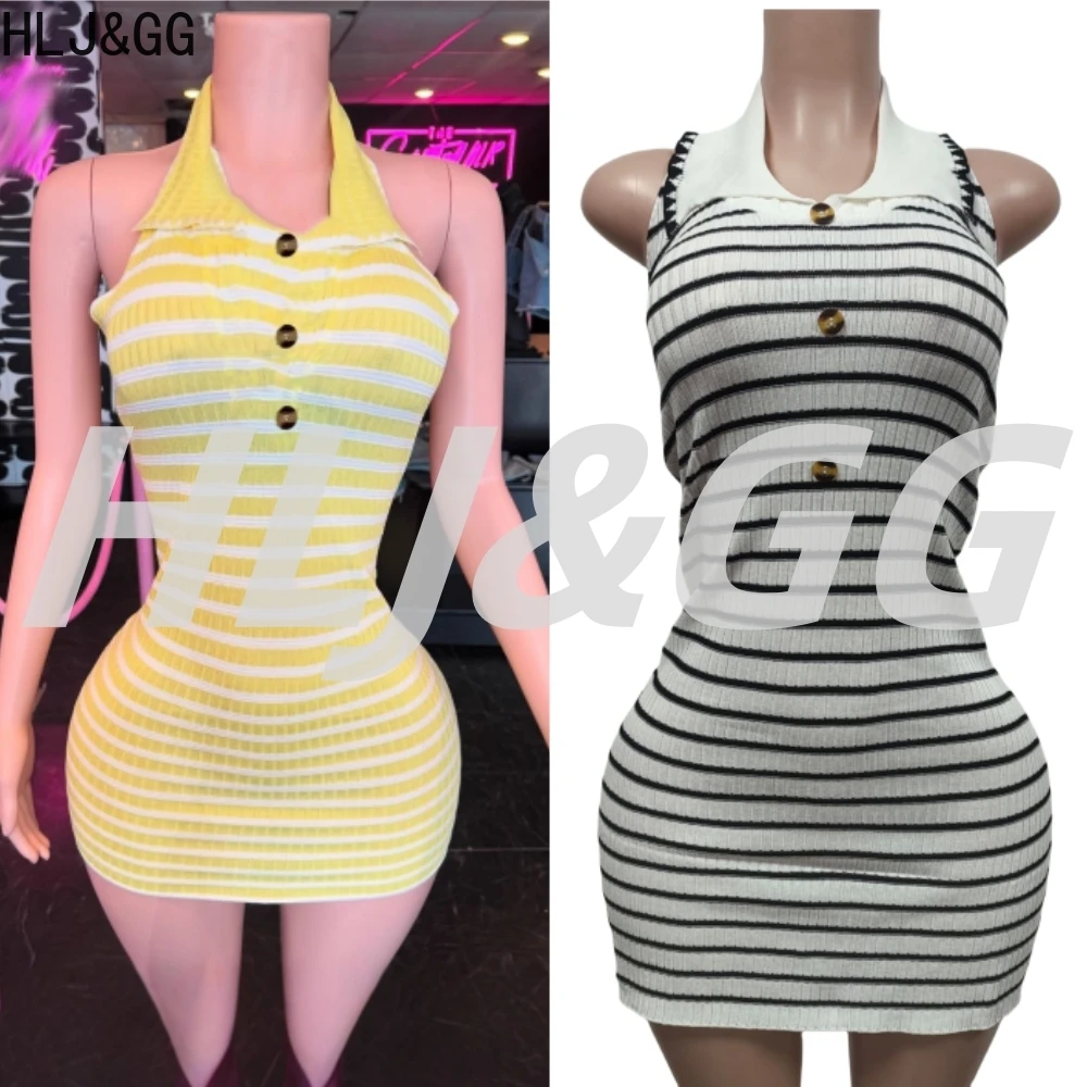 

HLJ&GG Sexy Knitting Stripe Printing Bodycon Mini Dresses Women Lapel Sleeveless Slim Vestidos Fashion Stretchy Dress Streetwear