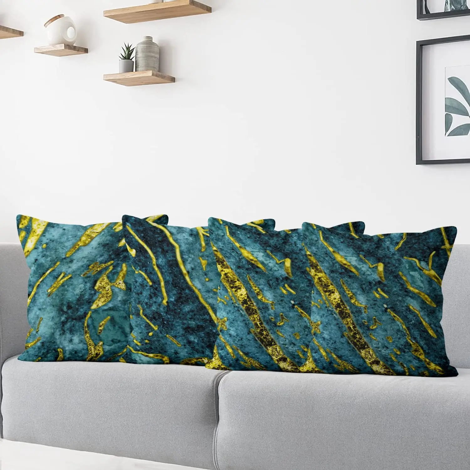 Modern Blue Green Gold Colorful Marble Look Sofa Decorative Cushion Covers Washable Flax Textile Upholstery Pillowcase Cover