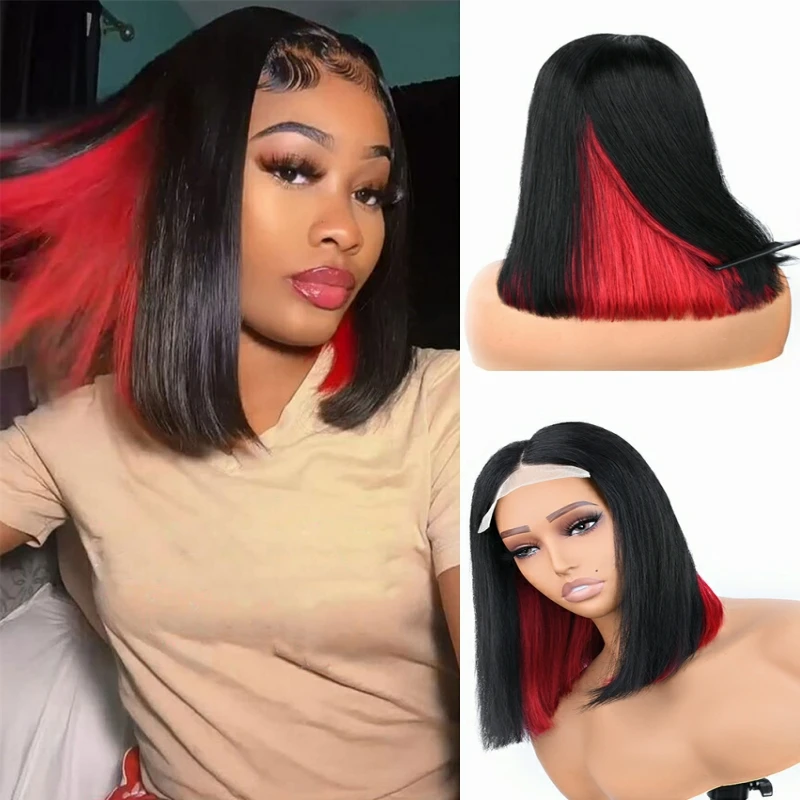 

Peekaboo Red Straight Bob Wigs Human Hair 4x4 Lace Closure Bob Wigs 10-14 Inch Short Cut Highlight Wig Preplucked With Baby Hair