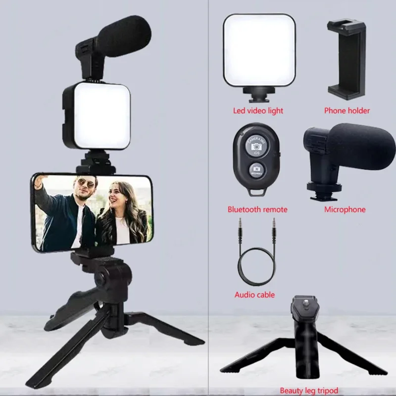 Kit de vlogging para teléfono inteligente con trípode, soporte para teléfono, Mini micrófono, luz de relleno LED, arrancador para TikTok, transmisión en vivo, vídeo, YouTube