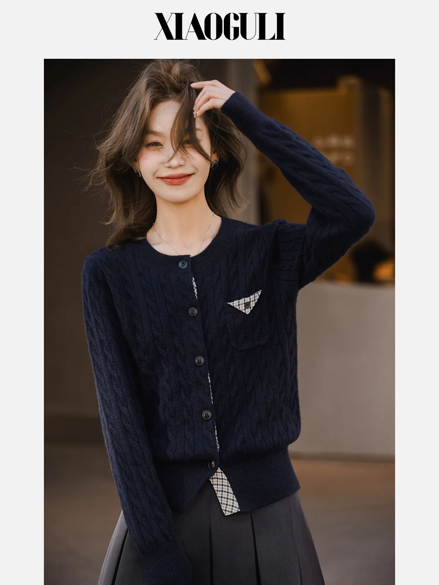 

Art Student Knitted Sweater Patchwork Plaid Color Blo Spring New Sle College Wind Women's Long Sve round Ne ort Coat