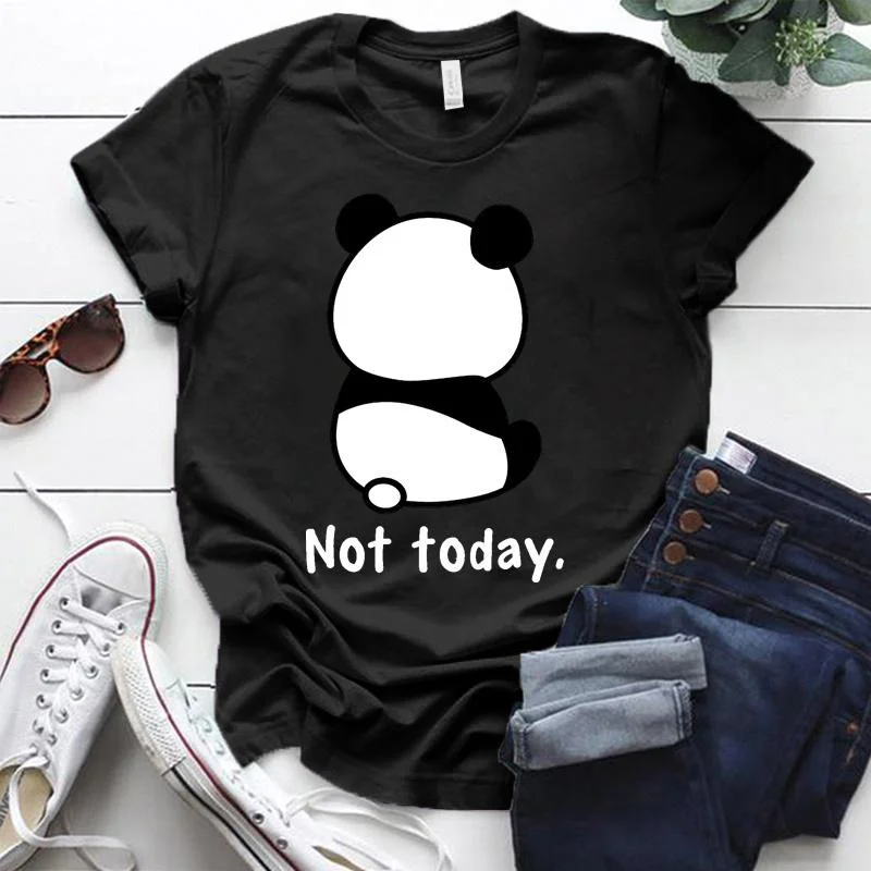Cute Panda Not Today Printed T-Shirts For Women Short Sleeve Funny Round Neck Tee Shirt Casual Summer Tops