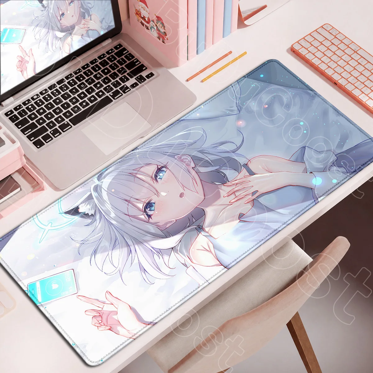 Niedliches Anime-Mädchen Sunaookami Shiroko Mauspad mit Verriegelungskante, Gaming-Desktop-Unterlage, Große Waschbare Blaue Archiv-Laptop-Tastaturmatte – Detail 11