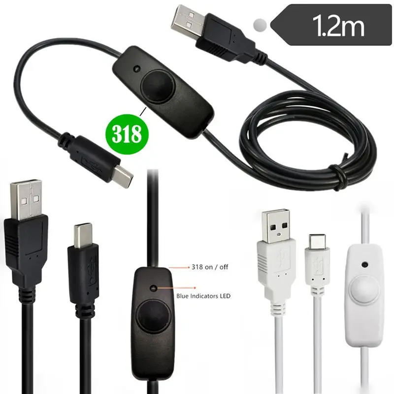 1.2m USB 2.0 A Male to Type-C Male Power Extension Cable 318 Toggle Button Switch LED Light Controller Cable 2A