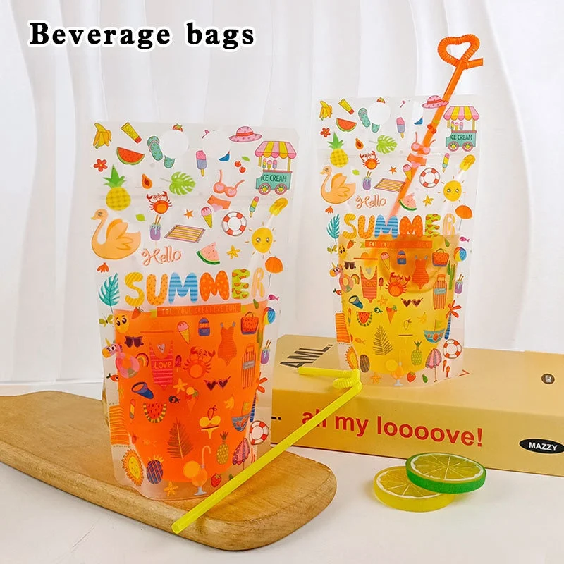 StoBag 100pcs Wholesale Transparent Liquid Bag Juice Beverage Packaging Clear with Straw Drinking Tote Plastic Sealed Pouches