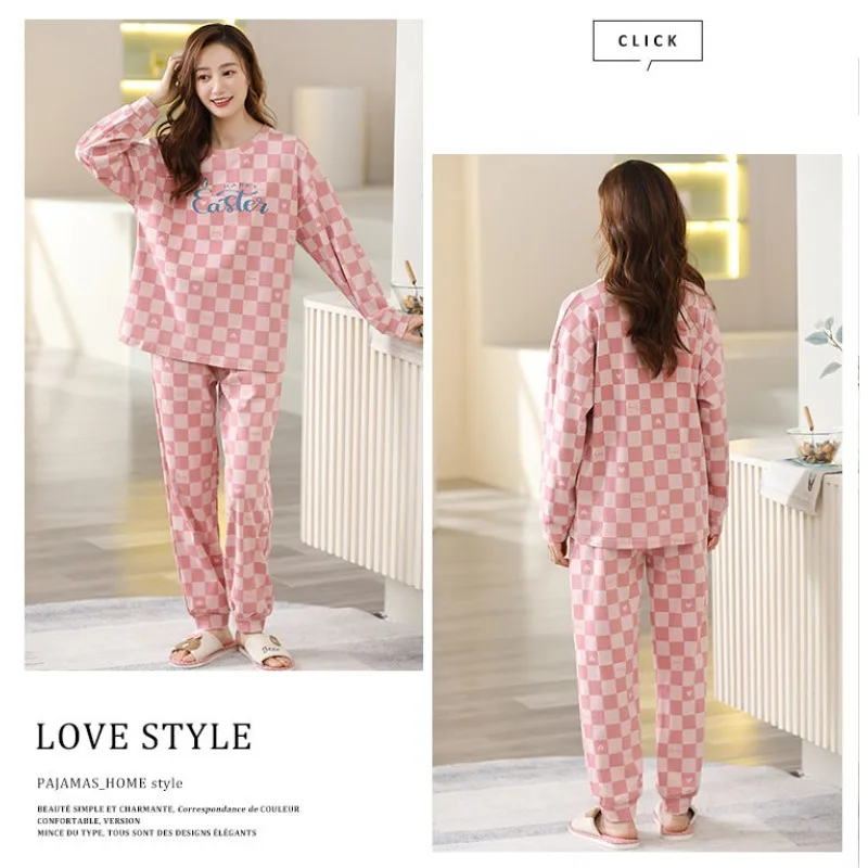 2023 V-neck Long Sleeved Pajamas for Female In Spring Autumn Cute Loose Fitting Large Size Pajamas In Cotton Home Clothing Set