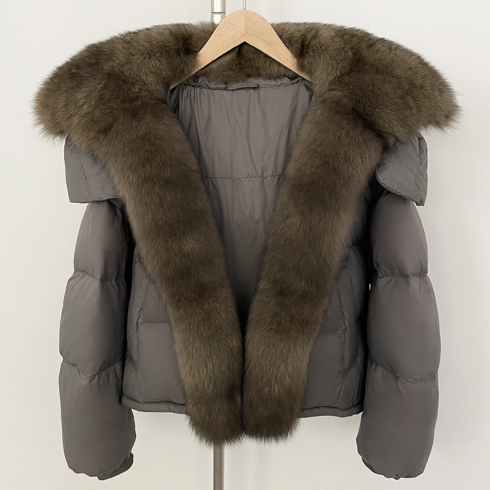 New Big Real Raccoon Fox Fur Collar Puffer Jacket Women New Autumn Winter Clothing Female Fashion Short White Duck Down Coat