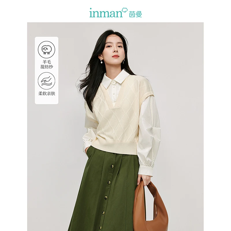 INMAN Casual Shirts false two-Piece patchwork sweater 2024 fall women's blouses lapel long-sleeve loose tops